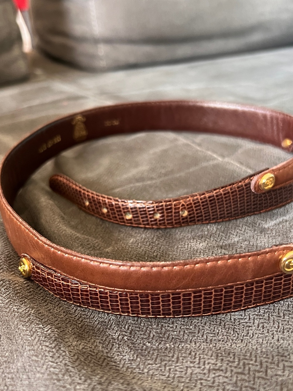 Gucci Brown Leather Belt with Textured Panel and Gold Studs